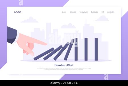 Geschäftskonzept Domino Effect. Hand beginnt Kettenreaktion der fallenden Brettspiel-Blöcke von Dominos flachen Stil Vektor-Illustration. Geschäftskonkurs Stock Vektor