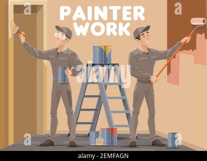 Zimmerwandgemälde funktionieren. Maler, Hausrenovierung und Reparatur-Service-Arbeiter in einheitlichen Malerei Haus oder Wohnung Zimmer Wand mit Hand und Rolle Stock Vektor