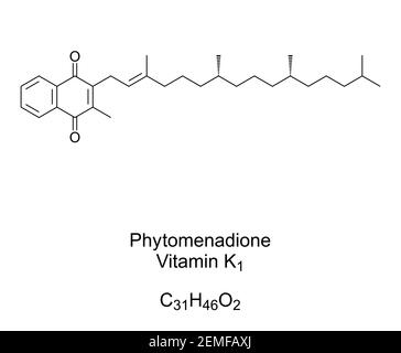 Phytomenadion, Vitamin K1, Phyllochinon, chemische Formel und Skelettstruktur. Auch Phytonadion, in Lebensmitteln gefunden und als Nahrungsergänzungsmittel verwendet. Stockfoto