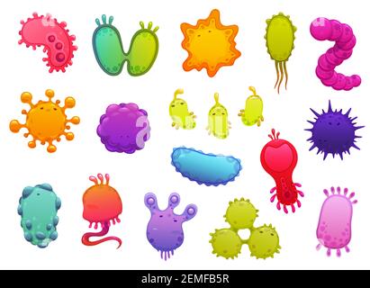 Mikroben und Viren, Erreger Mikroorganismen und Coronavirus Zelle Cartoon Vektor-Symbole gesetzt. Gefährliche Bakterien, Infektionen der Atemwege und des Darms Stock Vektor