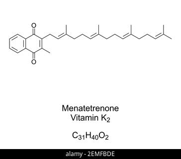 Menatetrenon, Vitamin K2, Menaquinon, chemische Formel und Skelettstruktur. Auch bekannt als MK-4, ist eine von 9 Formen von Vitamin K2. Stockfoto