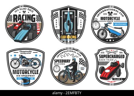 Rennsport-Symbole, Motocross und Autos Rennen Club Abzeichen, Meisterschaft Vektor-Symbole. Speedway Motorrad-Rennen und Motorsportwagen Rallye Internation Stock Vektor