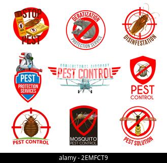 Isolierte Symbole zur Schädlingsbekämpfung. Vektor Schabe, Ratte und colorado Käfer, Bettwanzen, Moskito und Wespen Verbot Zeichen. Landwirtschaftliche Flugzeuge Schädlingsbekämpfung contro Stock Vektor