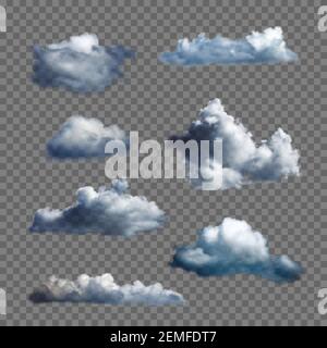 Große Menge transparenter Wolken. Realistische Designelemente. Vorlage für trüben Hintergrund. Vektorgrafik. Stock Vektor