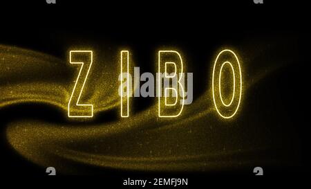 Zibo Gold Glitzer Schriftzug, Zibo Tourismus und Reisen, Kreative Typografie Text Banner, auf schwarzem Hintergrund. Stockfoto