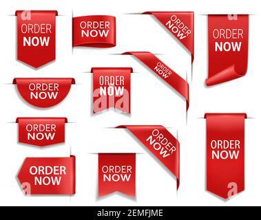 Bestellen Sie jetzt rote Banner, realistische Vektor-Bänder, Web-Design-Elemente. Ecken, Flaggen oder isolierte Lesezeichen. 3D Icons oder Labels, Rabatt Seide promo ev Stock Vektor
