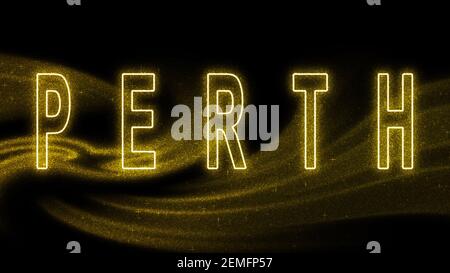 Perth Gold Glitzer Schriftzug, Perth Tourismus und Reisen, Creative Typography Text Banner, auf schwarzem Hintergrund. Stockfoto