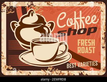 Café-Bar Rosty Vektor-Metallplatte, Tasse mit Zucker Schüssel, heißes Getränk in Tasse auf Untertasse. Promo Retro Poster mit leckeren arabischen Getränk. Alte Rostdose Stock Vektor