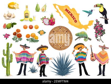 Mexiko-Vektor-Set mit mexikanischen Essen, Kultur und Reise-Symbole. Kaktus, Gitarre, Sombrero und Tequila, mexikanische Männer mit Poncho, Maracas, Karte, azteken su Stock Vektor