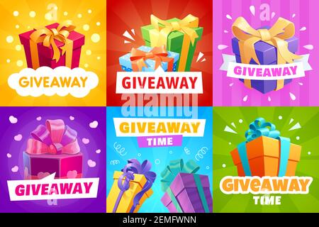 Giveaway Vektor Geschenkboxen und Geschenke mit Bändern verpackt. Speichern Angebot, Promotion mit Geschenken und Preisen, Quiz-Wettbewerb. Ankündigung oder Medienereignis Stock Vektor