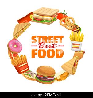 Fast Food rund Banner Vektor Sandwich, Tomaten und Burritos mit pommes frites und Hot Dog. Pie, Chicken Nuggets und Burger mit Pizza und Donut. Zwiebel Stock Vektor