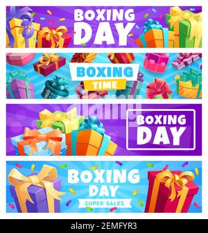 Boxtag Geschenke, Vektor-Geschenkboxen mit Bändern und Konfetti auf lebendigen Hintergrund. Weihnachten Winterurlaub Saisonale Weihnachtsfeiertag, Weihnachten Stock Vektor