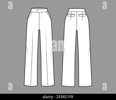 Hose tailored technische Mode Illustration mit verlängerter normaler Taille, hoher Bund, voller Länge, Gesäßtaschen. Flathose Bekleidungsschablone vorne, hinten, weiß. Frauen Männer Unisex CAD mockup Stock Vektor