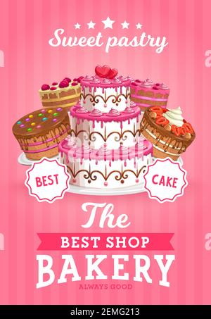 Kuchen Shop Vektor Bäckerei promo, Süßwaren Produktionsgeschäft, Gebäck Bäckerei und Patisserie Kuchen. Handverzierte Kuchen oder Cupcakes mit Sahne, Stock Vektor