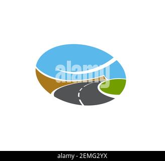 Symbol für isolierte Straßen, Pfade oder Autobahnen. Transport Einfahrt, gepflasterte Kurve Straße verschwindet in der Ferne mit grünen Feldern, Felsen und blauen s Stock Vektor