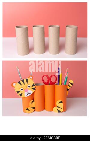 Kinder DIY Papier Tiger. Die Hände des Kindes. Master-Klasse. Stockfoto