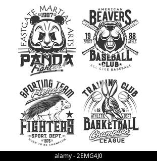 Baseball, Basketball-Team T-Shirt drucken Sport Club Vektor Embleme. Street Fighting Martial Arts und sportliche Varsity Sport Liga Maskottchen, Panda, Amer Stock Vektor
