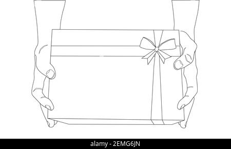 Geschenkbox in Händen. Valentinstag. Weihnachten und Neujahr. Zwei Hände halten Überraschung, präsent. Vektorgrafik für Linien. Stock Vektor