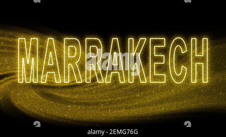 Marrakesch Gold Glitzer Schriftzug, Marrakesch Tourismus und Reisen, Kreative Typografie Text Banner, auf schwarzem Hintergrund. Stockfoto