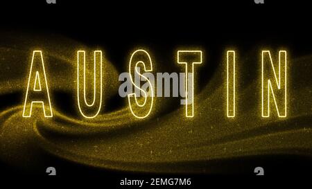 Austin Gold Glitzer Schriftzug, Austin Tourismus und Reisen, Kreative Typografie Text Banner, auf schwarzem Hintergrund. Stockfoto