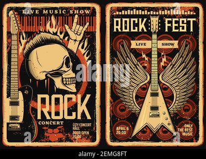 Rock fest Plakate und Flyer, Konzert Musik Band Festival, Vektor Grunge vintage Schädel und E-Gitarre mit Flügeln. Hard Rock und Live-Musik-Concer Stock Vektor