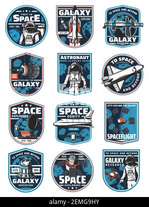 Astronaut in der Galaxie, Rakete im Weltraum Vektor-Symbole. Cosmos explore Shuttles Expedition, Exploration oder Abenteuer. Satellit im Weltraum, Rover auf al Stock Vektor