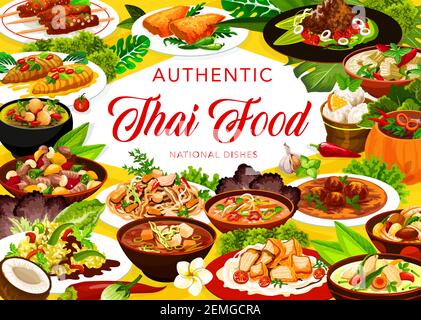 Thai Küche Restaurant Menü Mahlzeiten Vektor Banner. Chicken Pad, Miso und tom Yum Suppe, Garnelenbrühe, Fisch Fleischbällchen Curry und Pumpen mit gebackener Sahne, Stock Vektor