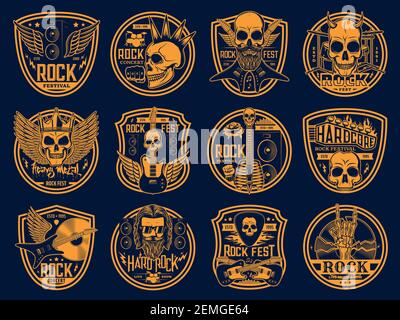 Heavy Rock und Punk Musik Ikonen gesetzt. Rock Festival und Heavy Metal Live Konzert Embleme. Böse Schädel mit Hörnern, Mohawk Frisur und Krone, geflügelt an Stock Vektor