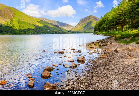 Blick über den Buttermere See entlang der felsigen Küste Richtung Fleetwith Hecht an einem sonnigen Sommertag Stockfoto