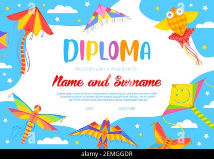 Schulbildung Diplom Vektor Vorlage mit Cartoon Drachen fliegen in blau wolkigen Himmel. Schule oder Kindergarten Schüler Zertifikat Rahmen für Teilnehmer Stock Vektor
