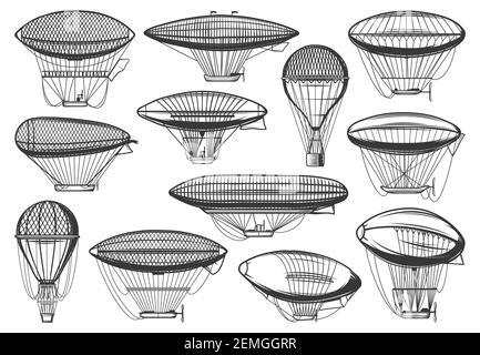 Luftschiffe und Luftballon, Luftfahrt Zeppelin Aerotstats, Vektor-Icons. Vintage, Steampunk Luftschiffe und Heißluftballons, alte ret Stock Vektor