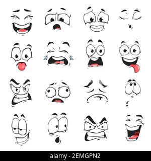 Gesichtsausdruck isolierte Vektor-Icons, lustige Cartoon Emoji erschöpft, weinen und verrückt, wütend, lachen und traurig. Gesichtsgefühle, Emoticons verärgert, Hap Stock Vektor