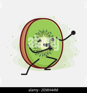 Vektor-Illustration von Kiwi Fruit Charakter mit niedlichen Gesicht, einfache Hände und Bein Linie Kunst auf isolierten Hintergrund. Flache Cartoon Doodle Stil. Stock Vektor