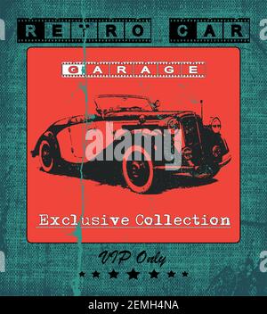Retro Car Garage Vintage-Karte im Grunge-Stil. Vektorgrafik. Distress-Textur. Stock Vektor