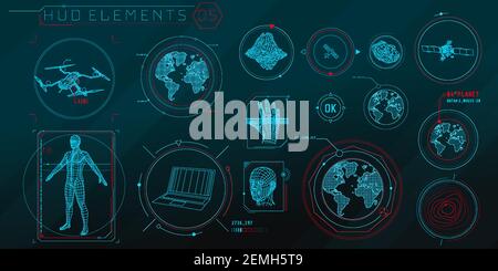 Ein Set von HUD 3D-Scanning-Elementen für eine futuristische Oberfläche. Stock Vektor