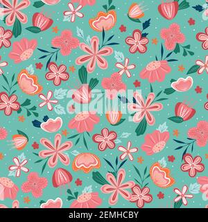 Nahtlose niedliche Blume Vektor-Muster. Abstrakte stilisierte Blumen auf einem türkisfarbenen Hintergrund. Stock Vektor