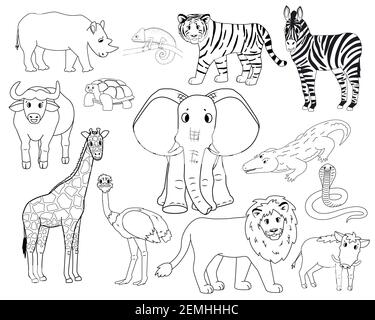 Set von weißen Karikatur isoliert skizzieren Savannah Tiere. Tigerlöwe, Nashorn, Warzenschwein, Afrikanischer Büffel, Schildkröte, chamäleon, Zebra Strauß, e Stock Vektor