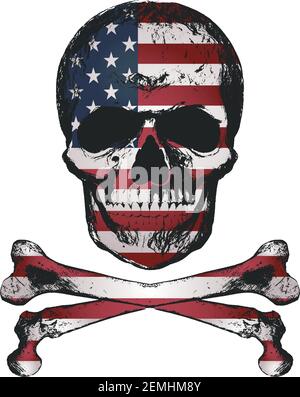 Vintage handgezeichneter Totenkopf im Grunge Stil mit USA Flagge Textur. Illustration des verzweifelten Vektorgrafikes. Elemente für Design. Stock Vektor