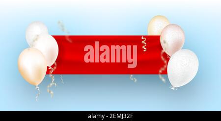 Weiße Heliumballons, die die Flagge der roten Flagge über dem blauen Himmel halten. Stock Vektor