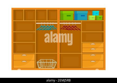 Schrank isoliert auf weißem Hintergrund.Empty offenen Kleiderschrank mit Kleiderbügel, Regale und Schubladen.Blank Cartoon Kleid Aufbewahrungsschrank.Stock Vektor-Illustration Stock Vektor