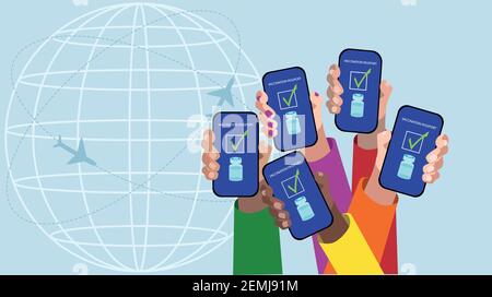 Fünf Hände zeigen den Impfpass im Smartphone. Vektorgrafik Stock Vektor