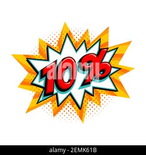 10 Rabatt. Comic gelb Verkauf bang Ballon - Pop Art Stil Rabatt Werbebanner. Vektorgrafik. Stock Vektor