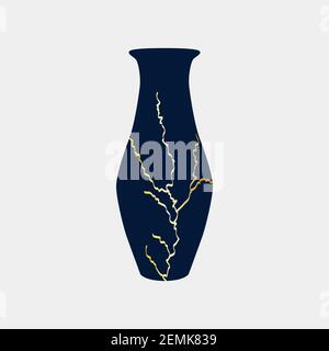 Renoviert kintsugi japanische Vase Kunst Farbe Skizze Gravur Illustration. Nachahmung von Rubbeltafel Stil. Teekanne, Teller, Vase Stock Vektor