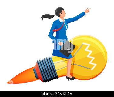 Erfolgreiche Geschäftsfrau sitzt auf fliegende Rakete Glühbirne. Konzept der kreativen Idee oder Inspiration, Business-Start-up. Glühbirne aus Glas mit Spirale in flacher Ausführung. Vektorgrafik Stock Vektor