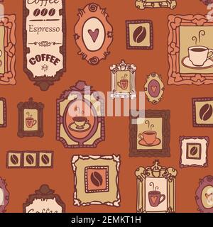 Nahtloses Vektormuster mit Bilderrahmen an der Wand auf braunem Hintergrund. Handgezeichnetes Tapetendesign mit Kaffeebohnen im Rahmen. Romantisches Cafe. Stock Vektor
