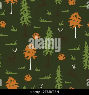 Nahtlose Vektor-Muster mit Bäumen und Hirsch Silhouette im Wald. Dunkelgrüner Hintergrund. Wald Tier Tapete Design. Stock Vektor