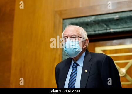 Senate Budget Committee Chairman Sen. Bernie Sanders, I-Vt., kommt für eine Anhörung auf Capitol Hill in Washington, Donnerstag, 25. Februar 2021, Prüfung der Löhne bei großen profitablen Unternehmen. (Foto von Susan Walsh/Pool/Sipa USA) Stockfoto