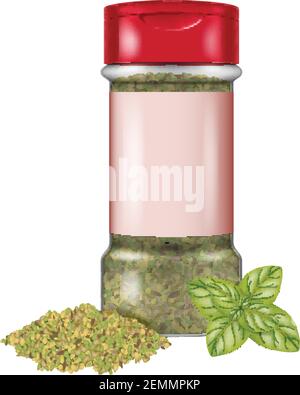 Flasche mit trockenen Oregano-Blättern und frischem Oregano isoliert auf weißem Hintergrund. Vektorgrafik. Stock Vektor
