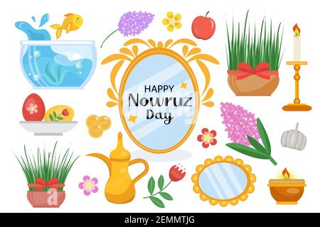 Happy Nowruz Tag Objekte eingestellt. Kollektion von Design-Elementen mit Topfgras, Hyazinthen, Aquarium mit Goldfischen, Spiegel. Neujahr im Iran Stock Vektor