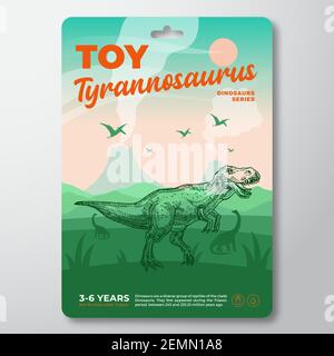 Spielzeug Dinosaurier Label Vorlage. Abstraktes Vektor-Verpackungsdesign-Layout. Moderne Typografie mit prähistorischer Vulkanlandschaft und handgezeichnet Stock Vektor